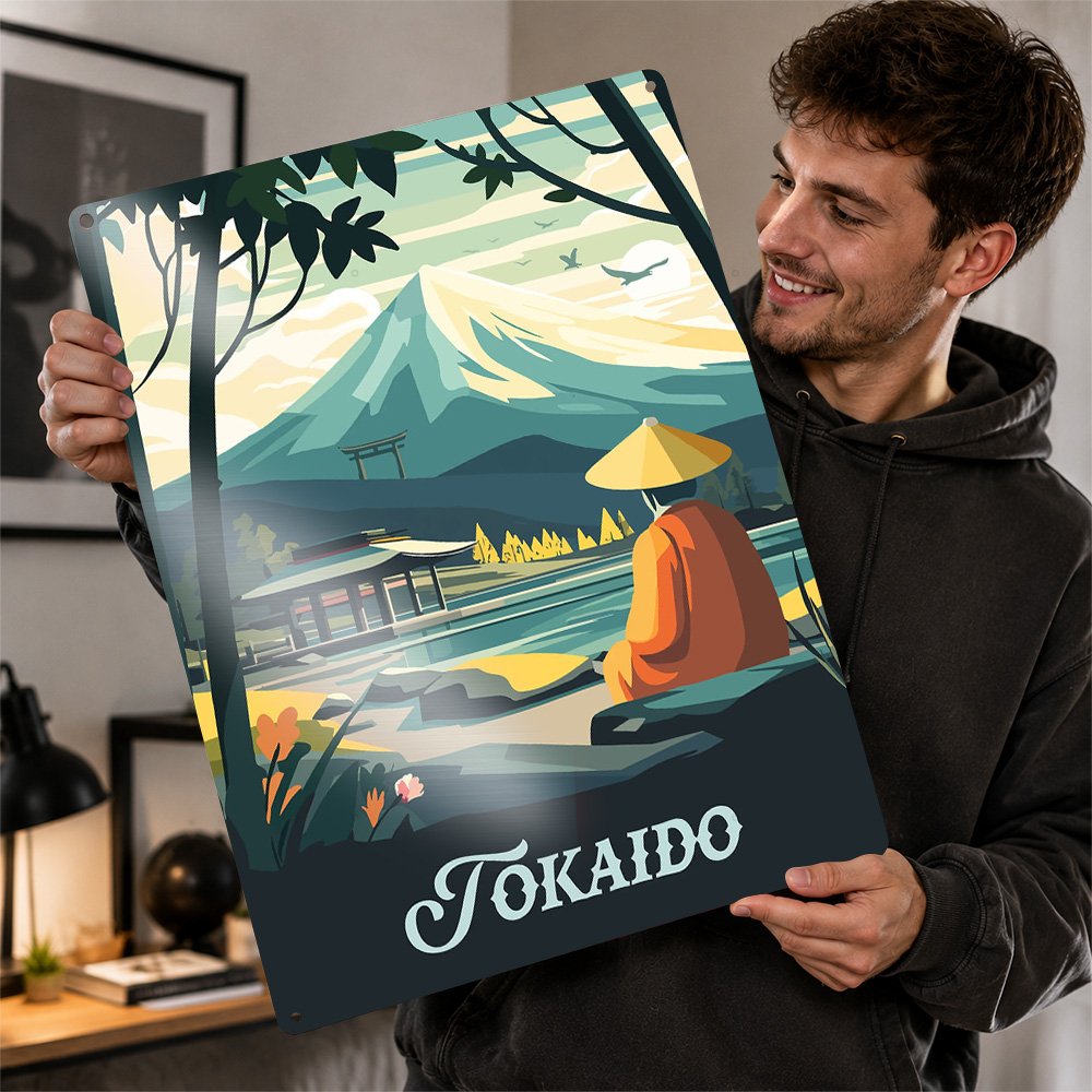 Board Game Illustrator - 「東海道」ボードゲームの風景をモチーフにした、テクスチャ加工の金属製ポスター。ゲームルームの壁飾りや、パーソナライズされたアルミ製のサインとして、また誕生日プレゼントとしても最適。
